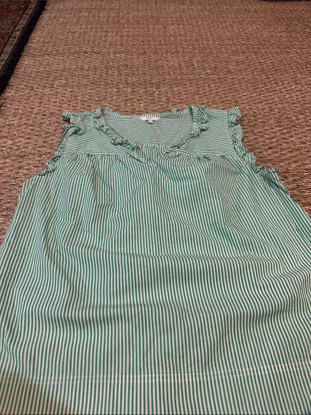 crown & ivy Green and White Striped Ruffle V-Neck Tank